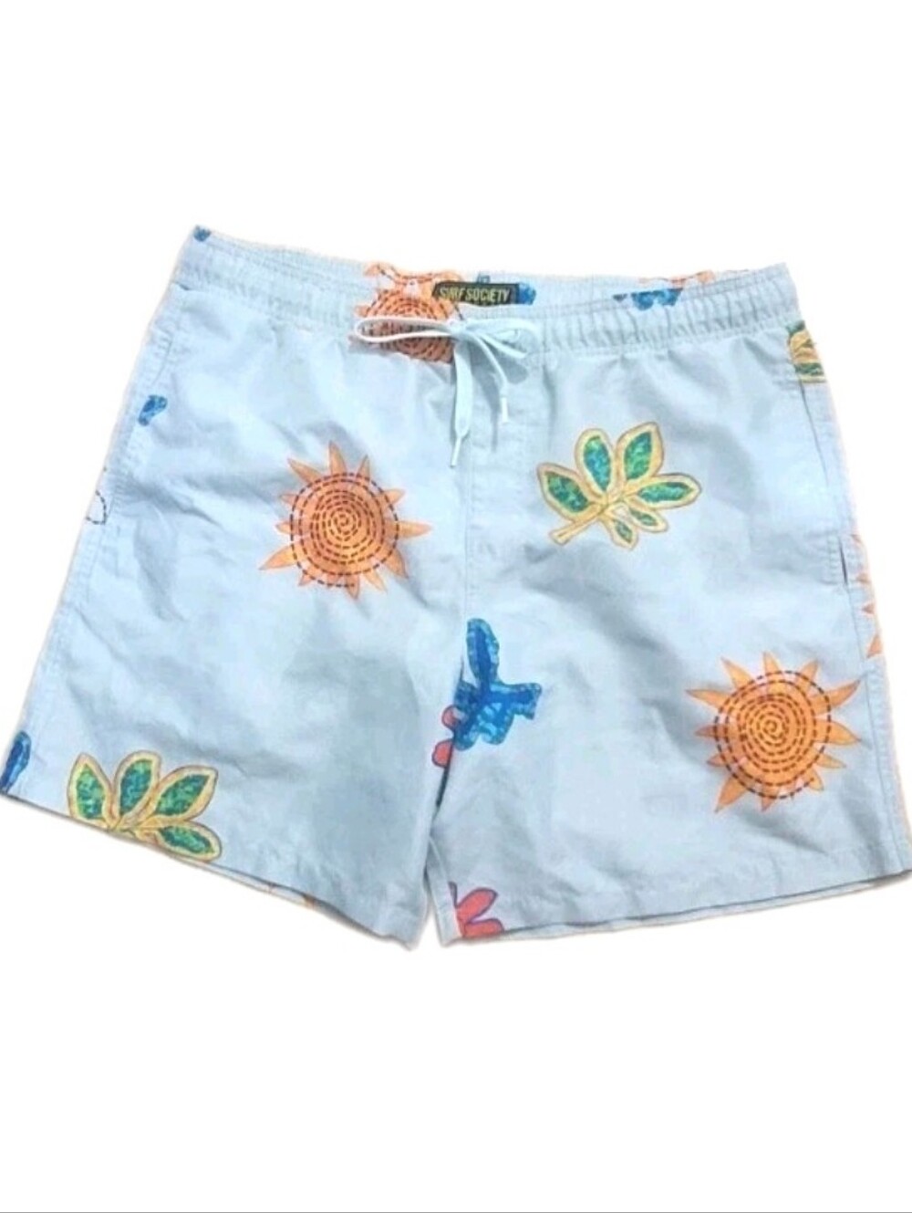 Surf Society Men's Beach Tropical Baby Blue Drawstring Liner Swim Trunk's Sz L